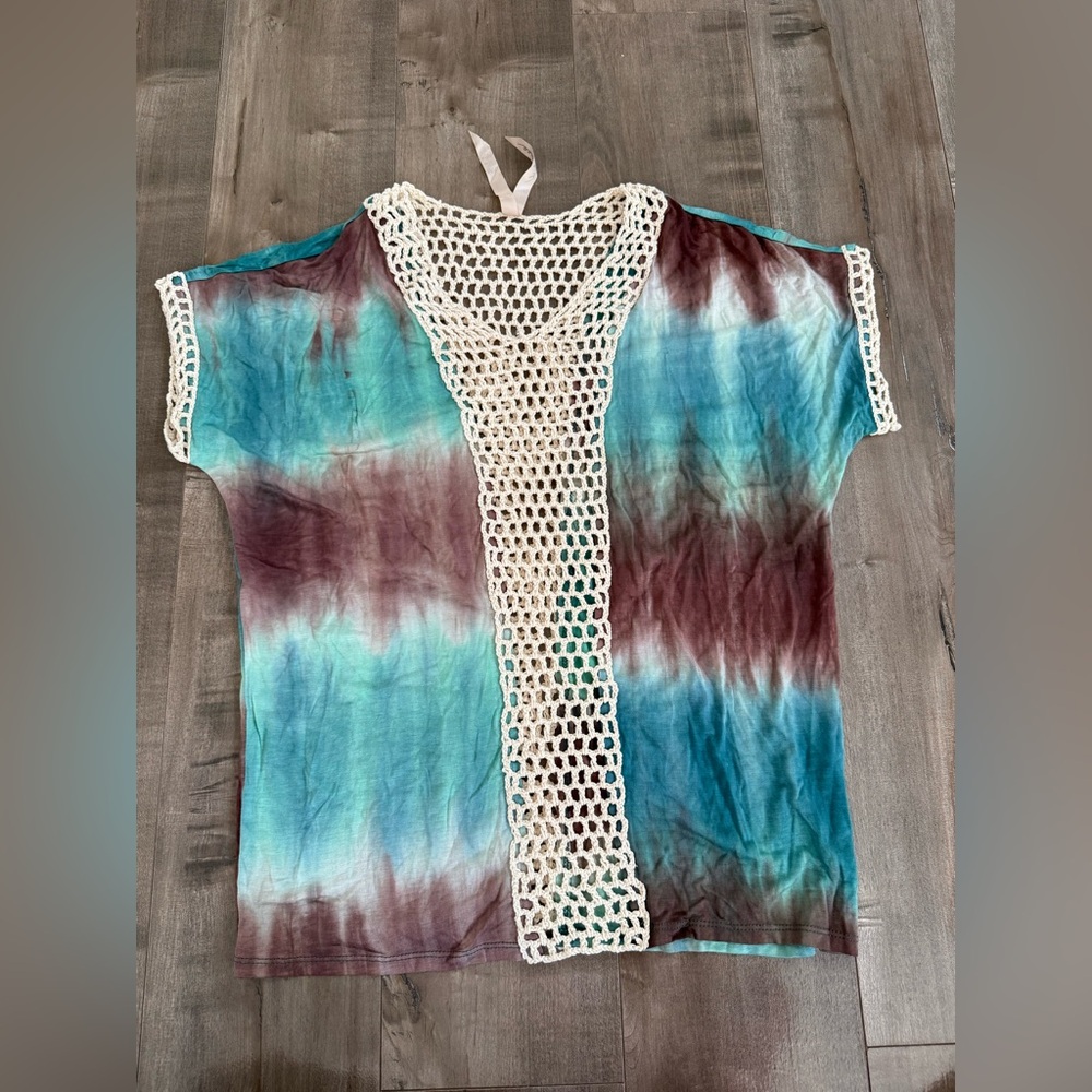 Mystree Short Sleeve Blouse Medium Large‎ Crochet Tie Dye Ombre Cover Up Sheer